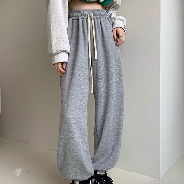 Quần dài cotton cạp cao, quần dài ống rộng phong cách Hàn Quốc_Q15