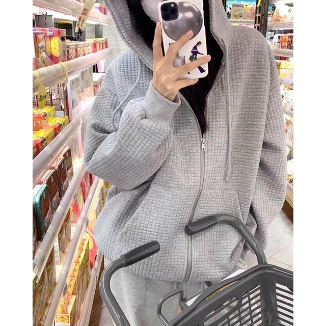 Áo Hoodie Xốp ô vuông nỉ ngoại chần bông mũ 2 lớp, áo khoác tay bồng form rộng unsiex