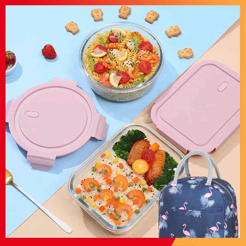 Hộp cơm văn phòng chia ngăn bằng thủy tinh chống tràn giữ nhiệt dùng được lò vi sóng mang được canh đi làm CT169