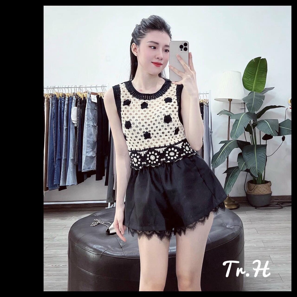 Áo len nữ đính hoa nổi đen trắng hàng Quảng Châu L1 chất lưới 3 lỗ