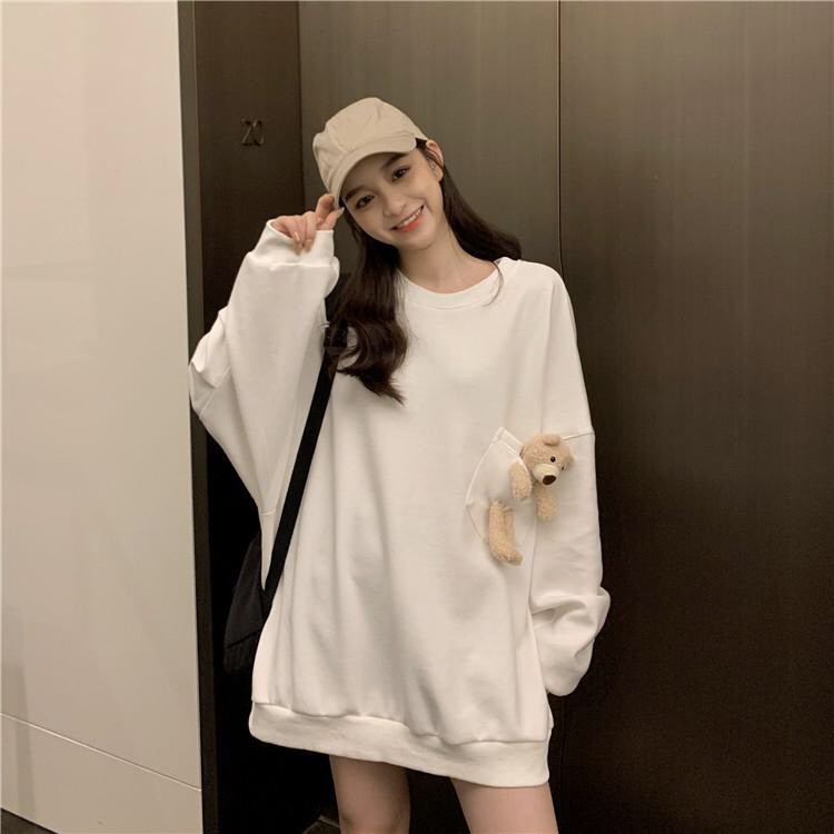 (TẶNG GẤU) ÁO SWEATER TAY DÀI CỔ TRÒN PHỐI TÚI HÌNH GẤU BÔNG CUTE TÍM ĐEN TRẮNG - ÁO NỈ GẤU - Student Autumn Casual Loos