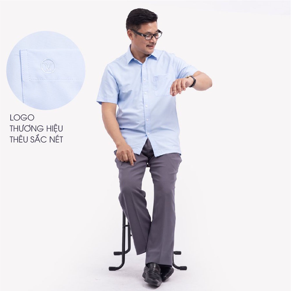 Áo Sơ Mi Nam Ngắn Tay Trung Niên ANCHI Classic Cotton Trơn Màu Xanh Nhạt Cao Cấp