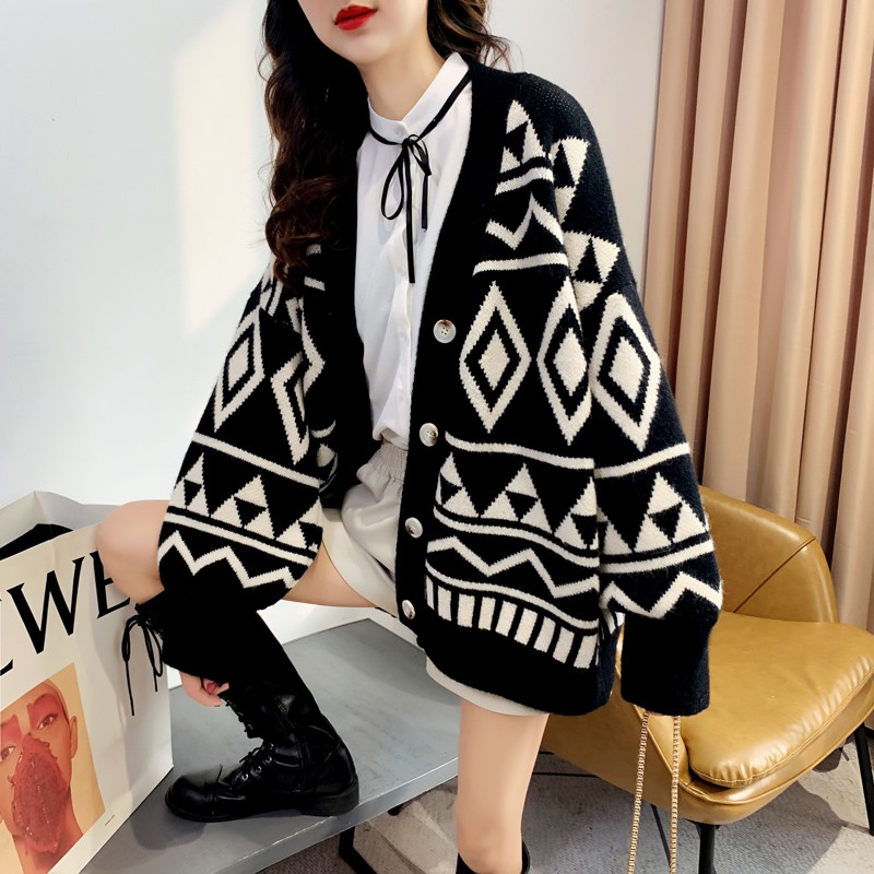 Áo Cardigan Dệt Kim Tay Dài Cổ Chữ V Hoạ Tiết Hình Học Xinh Xắn Cho Nữ