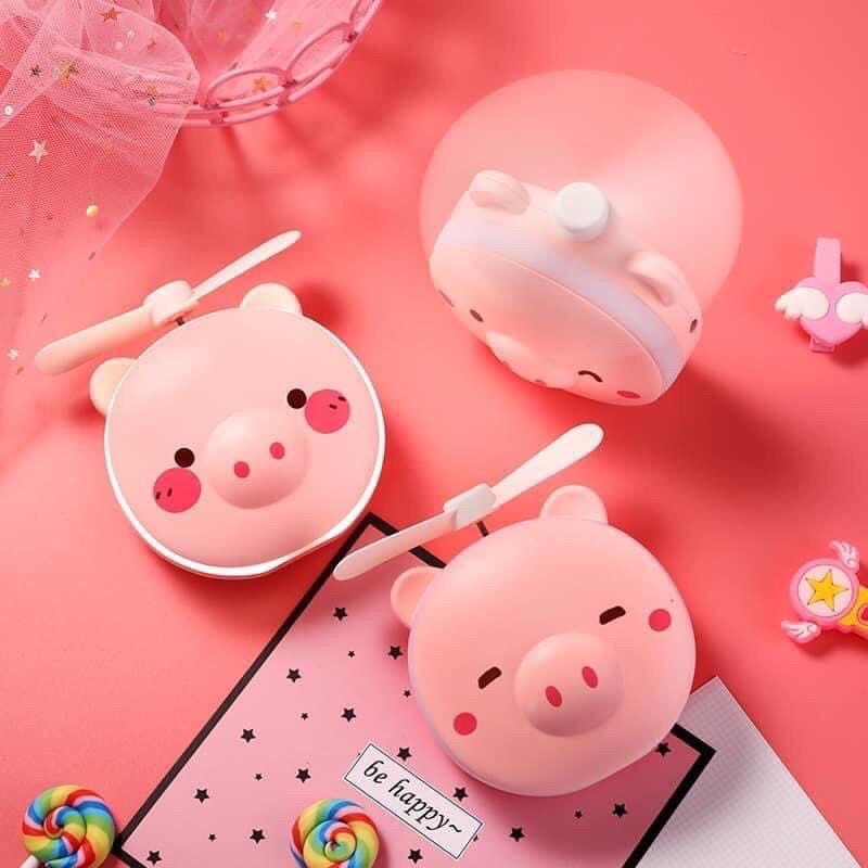 Quạt heo 3 in 1, có gương và đèn LED dùng pin sạc, bỏ túi mang đi