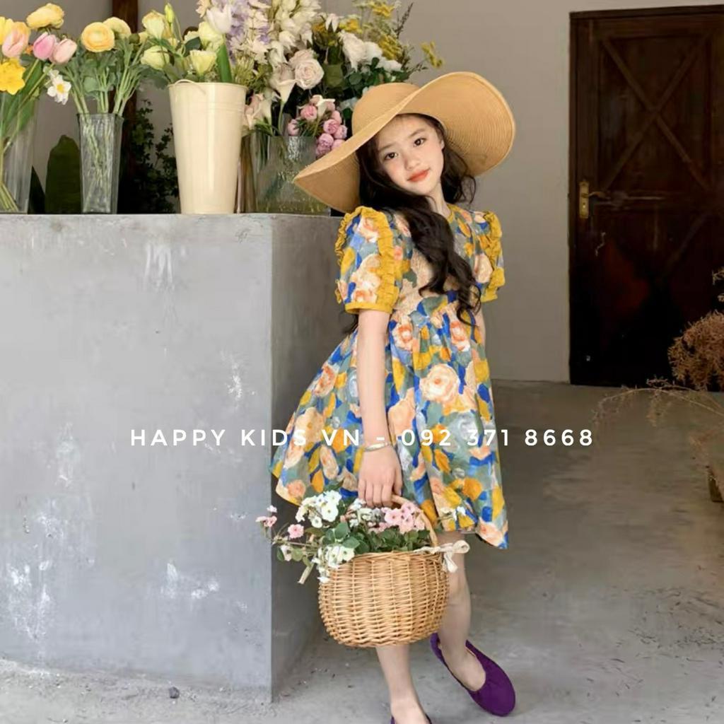 Váy hoa đính bèo tay lạ mắt cho bé 8-36kg cao cấp Happy Kids G33
