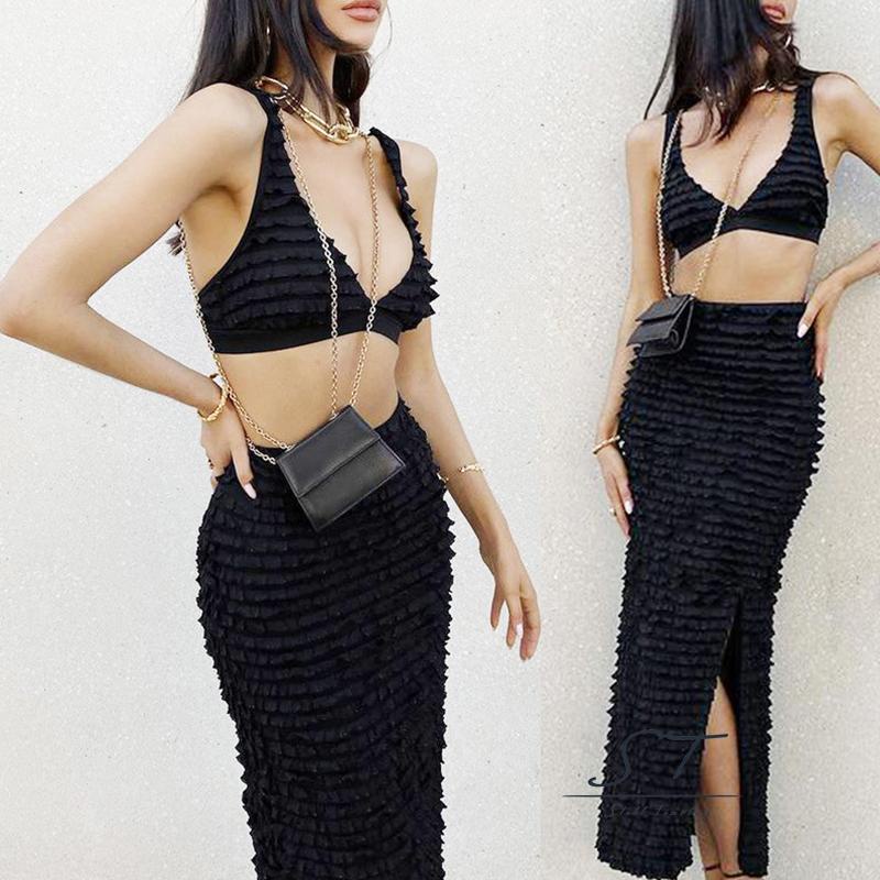 Bộ Áo Cổ Chữ V Không Tay + Chân Váy Dài Xẻ Tà CY03