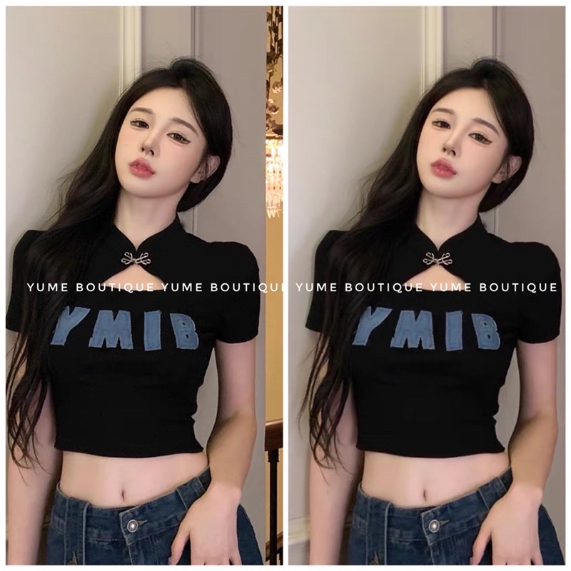 Áo thun croptop ngắn tay cổ gim tàu phong cách Trung Quốc