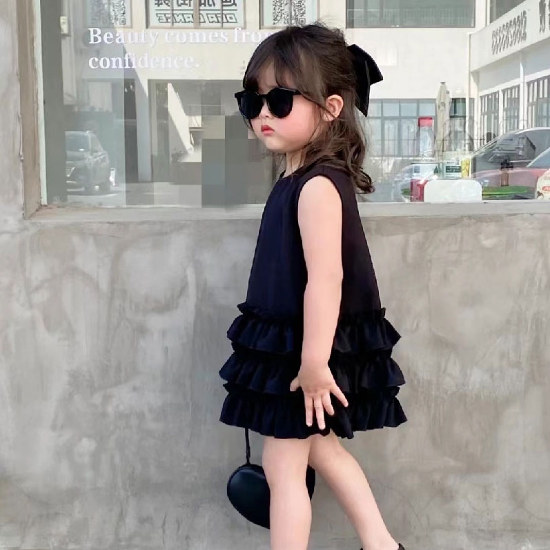 Đầm Mùa Hè Tay Cộc Màu Đen Phong Cách Hàn Quốc Hợp Thời Trang Dễ Thương Cho Bé Gái