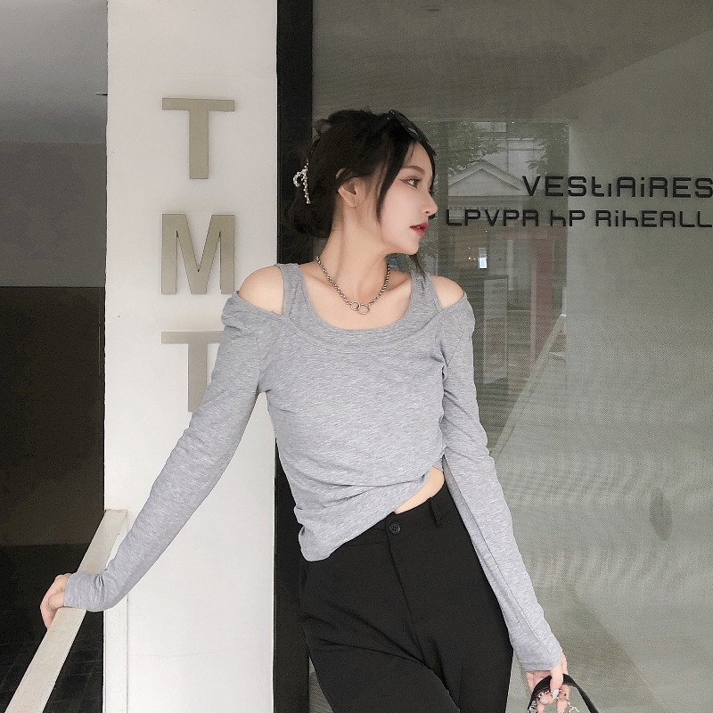 Áo thun COZOK tay dài hở vai màu trơn đơn giản dễ phối đồ thời trang