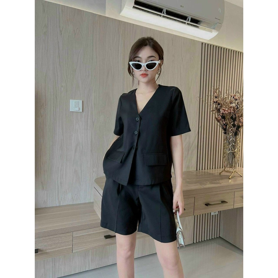 [8.8 Sales Freeship] Set bộ vest đũi cổ v tay ngắn phối túi, set bộ lửng tàu thời trang nữ công sở thanh lịch
