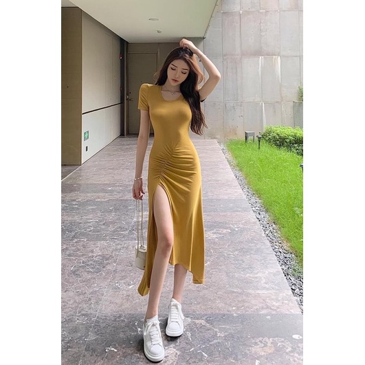 Đầm cổ tròn nhún trước xẻ tà xoè mặc đi chơi đi tiệc đều xinh