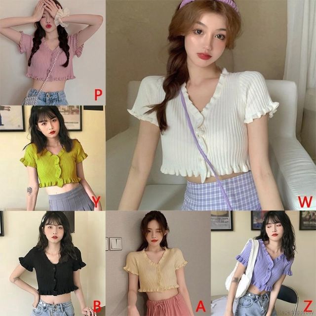  Áo Croptop Dệt Kim Tay Ngắn Cổ Chữ V Màu Trơn Phong Cách Hàn Quốc | BigBuy360 - bigbuy360.vn