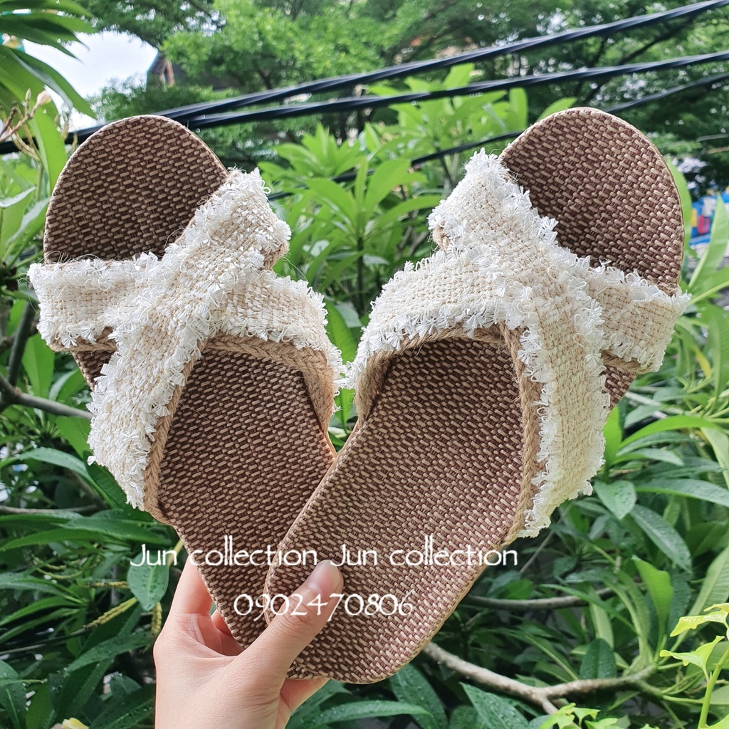 Dép cói thủ công dây chất dạ tuyết siêu phẩm handmade vintage, đi biển, mang nhà, đi chơi, Hàn Quốc