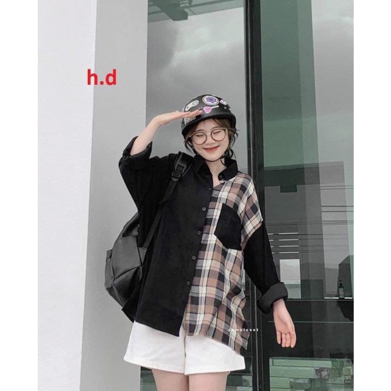 Áo sơ mi nữ phối kẻ nâu caro form rộng dài tay đẹp, thun kiểu oversize phong cách retro hssv cá tính hàn quốc - CARINA