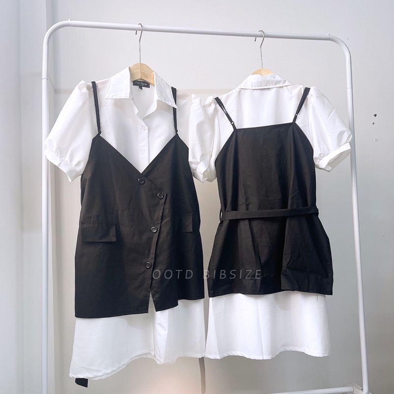 [OOTD BIGSIZE 60-90KG] Set đầm yếm sơ mi kèm belt