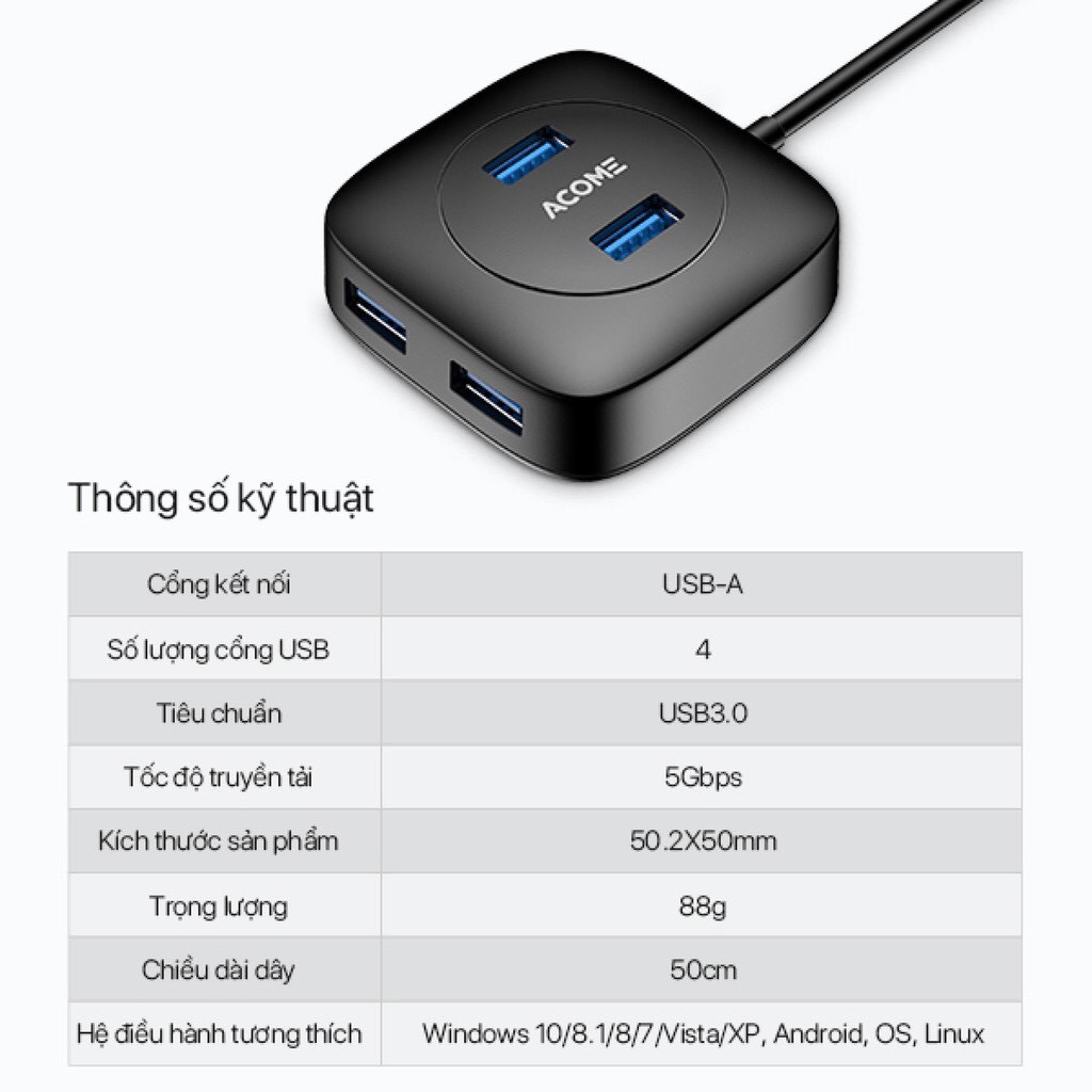 12.12 Hot Deals- HUB USB 3.0 Bộ Chuyển Đổi 4 in1 ACOME AH300 Tốc Độ Truyền Tải Cao Công nghệ IC Mới - Hàng Chính Hãng