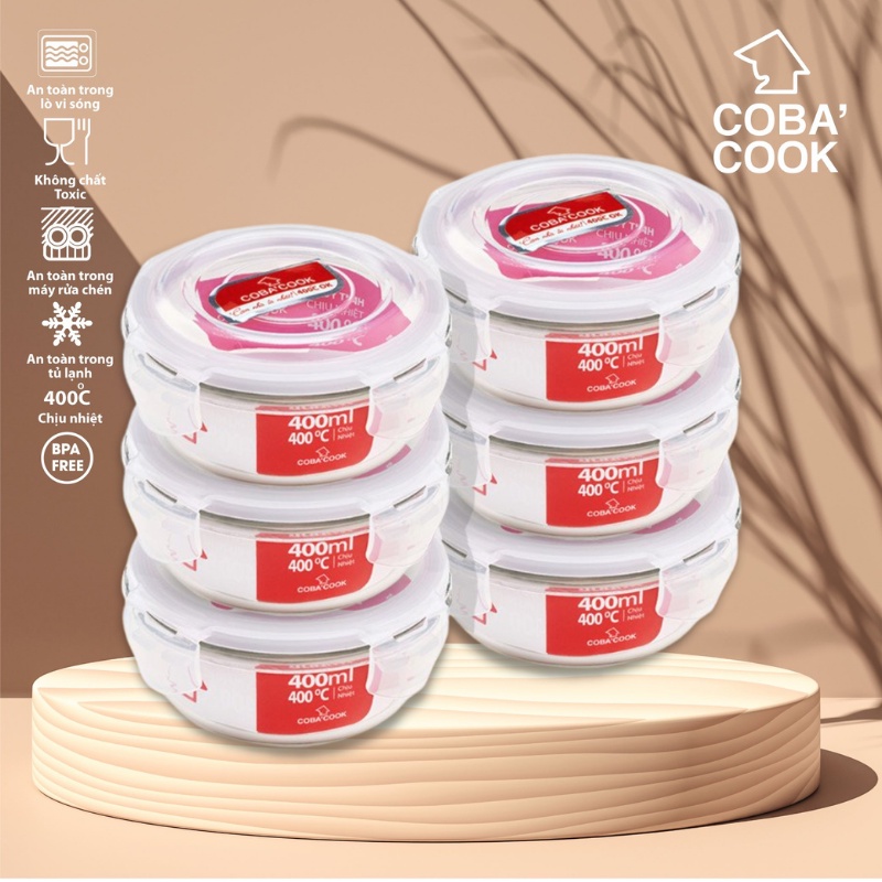 Bộ 6 Hộp Thủy Tinh COBACOOK Đựng Thực Phẩm Trữ Đồ Ăn Trong Tủ Lạnh Thủy Tinh Hình Tròn 400 ml- CCR46