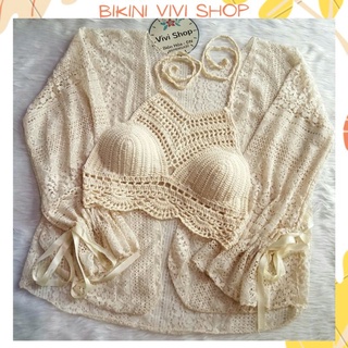 Áo Len Móc Đi Biển, Áo Len Đan Tay Yếm Viền Hoa, Đồ Tắm Biển Nữ (Kèm Ảnh Thật)