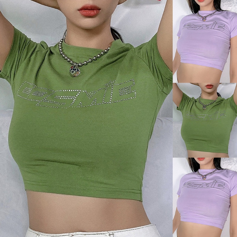 Áo Thun Croptop Tay Ngắn Cổ Tròn Đính Đá Lấp Lánh Phong Cách Harajuku Thời Trang Mùa Hè Cho Nữ