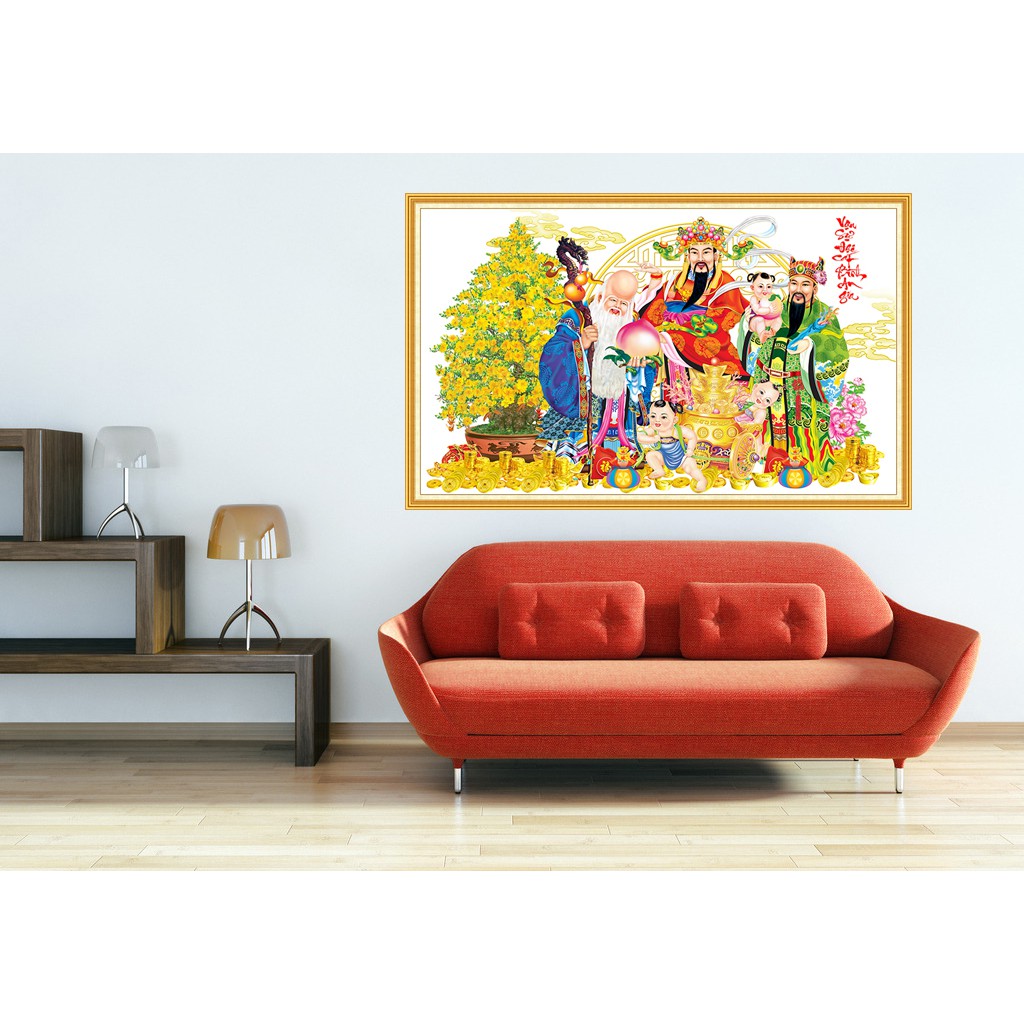 Tranh dán tường tự chọn HD Phúc Lộc Thọ hoa mai HUD0185K KT 120 x 75 cm phủ kim sa