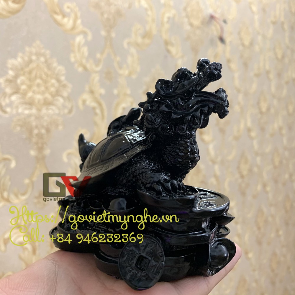 Tượng đá long quy _ Rùa đầu rồng trang trí phong thủy - Long quy cõng rùa con - Cao 10cm - Màu Đen Tuyền