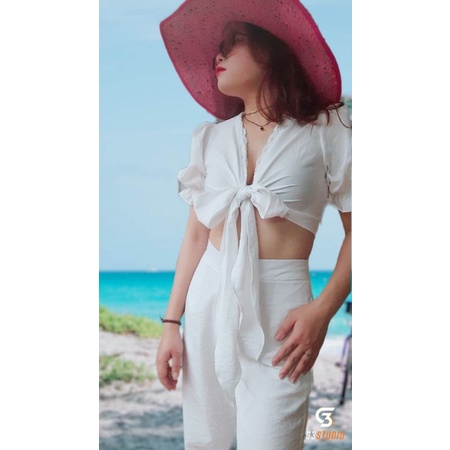 Sét Bộ trắng Quần dài Áo Croptop Thắt Nơ Đi Biển chất đũi dễ mặc thoáng mát phong cách trẻ trung