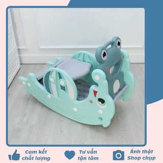 FREE SHIP !!! Đồ chơi cầu trượt 3in1 Cá Heo màu xanh, biến hình bập bênh và cột bóng rổ