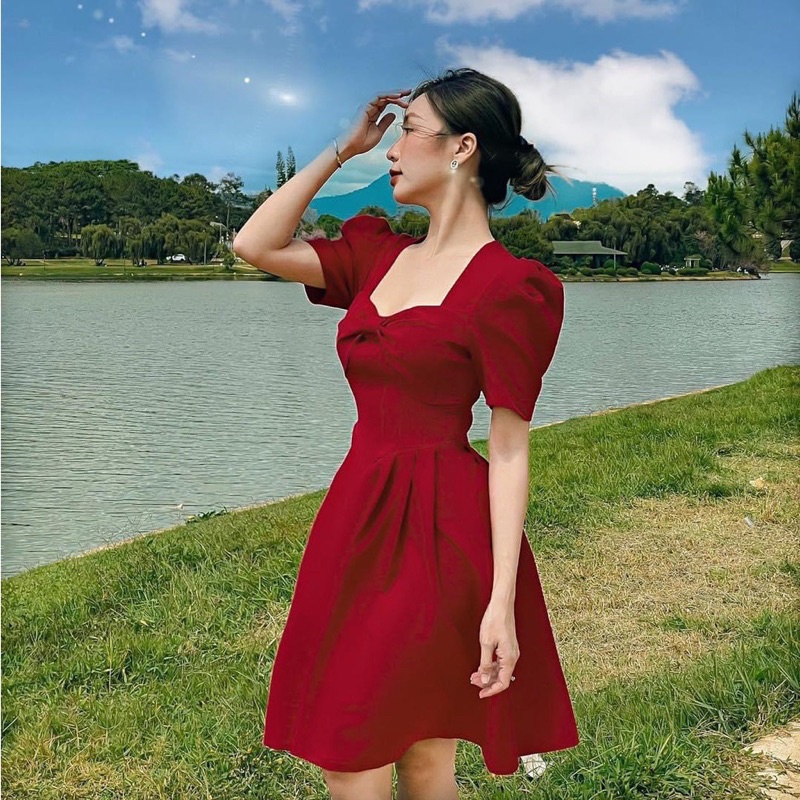 ĐẦM NHUNG (Có Bigsize) MOLI CỔ TIM NƠ BẢN TO NGỰC XOÈ phù hợp đi chơi đi tiệc mùa Noel, Lễ Tết