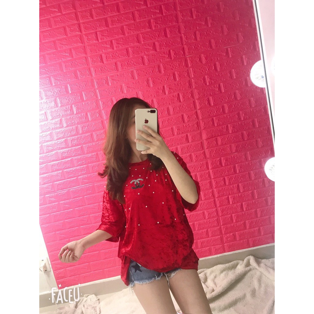 Áo thun form rộng vải nhung siêu sang chảnh đính hạt