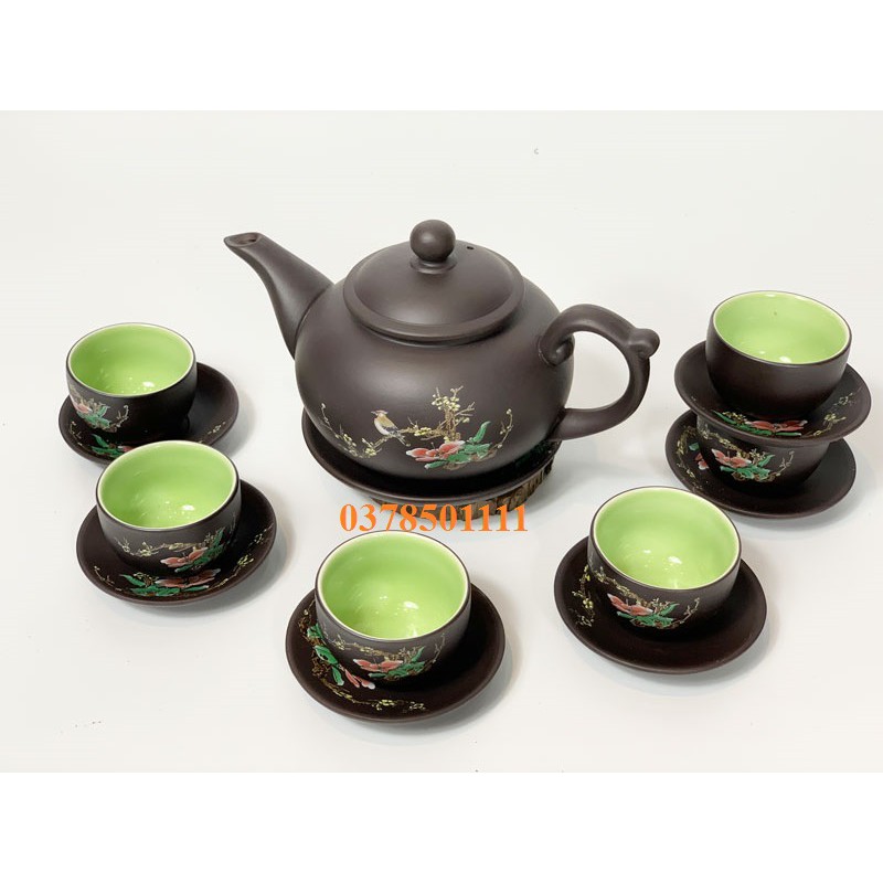 Bộ ấm trà tử sa Bát Tràng men đen vẽ chim hoa S2