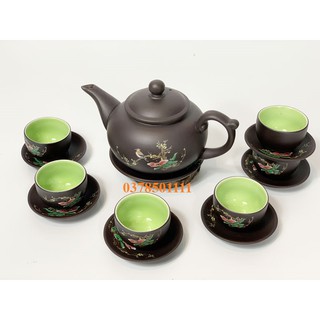 Bộ ấm trà tử sa Bát Tràng men đen vẽ chim hoa S2