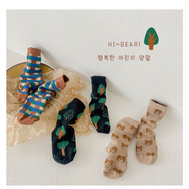 Set 3 đôi vớ cotton KOKOROCARE MSW-44 cổ vừa hình gấu nâu và cây xanh thời trang mùa thu 2022 cho bé 1-12 tuổi