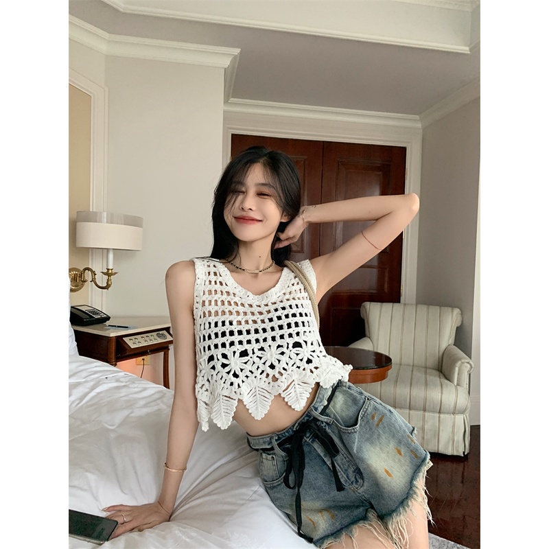 Áo Dệt Kim Khoét Rỗng Màu Trắng Thời Trang Phong Cách Hàn Quốc Dành Cho Nữ