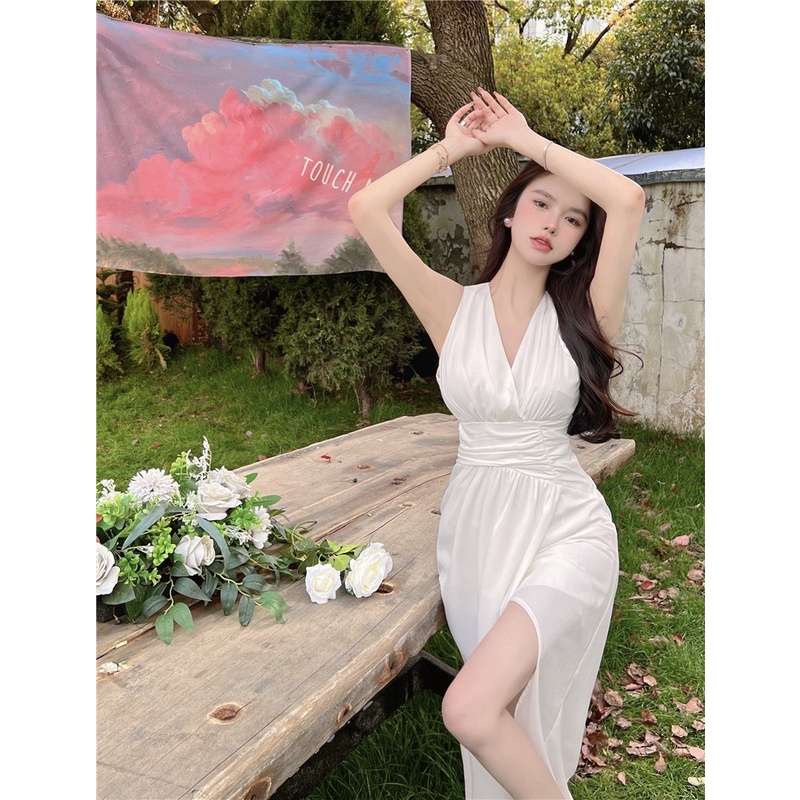 Đầm trắng hai dây xẻ tà midi Emilyshop ulzzang