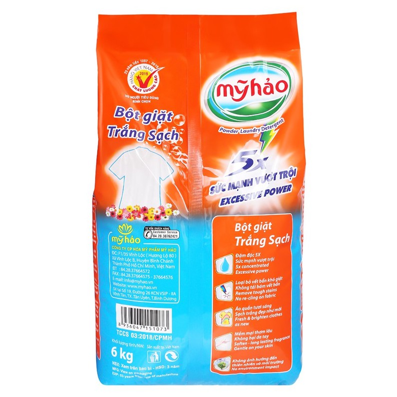 Bột giặt Mỹ Hảo 5X trắng sạch 6kg