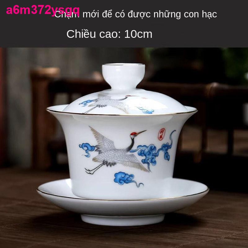 Bộ ấm trà sứ trắng Dehua chén ba chỉ bọc bát Kung Fu kích thước tinh khiết gia dụng