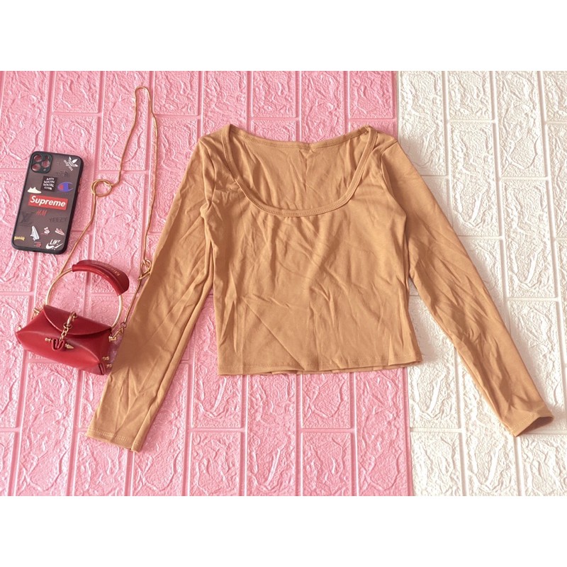 áo croptop nữ dài tay, cổ vuông, dễ phối đồ, thun borip mềm đẹp