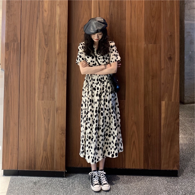 NRVP Đầm dáng chữ A dài vừa lưng cao tay ngắn họa tiết chấm bi thời trang 2020