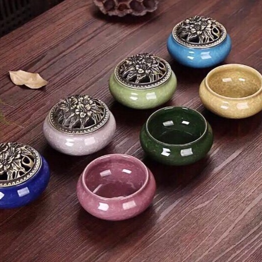 Combo lư xông trầm hương đỉnh đốt nhang gốm sứ + 10 nụ trầm hương