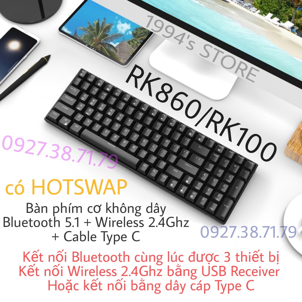 RK935 Version 4 HOTSWAP - Bàn phím cơ không dây Dragon Shield - Bluetooth 5.1 - Wireless 2.4G - Cáp Type C - Kháng nước