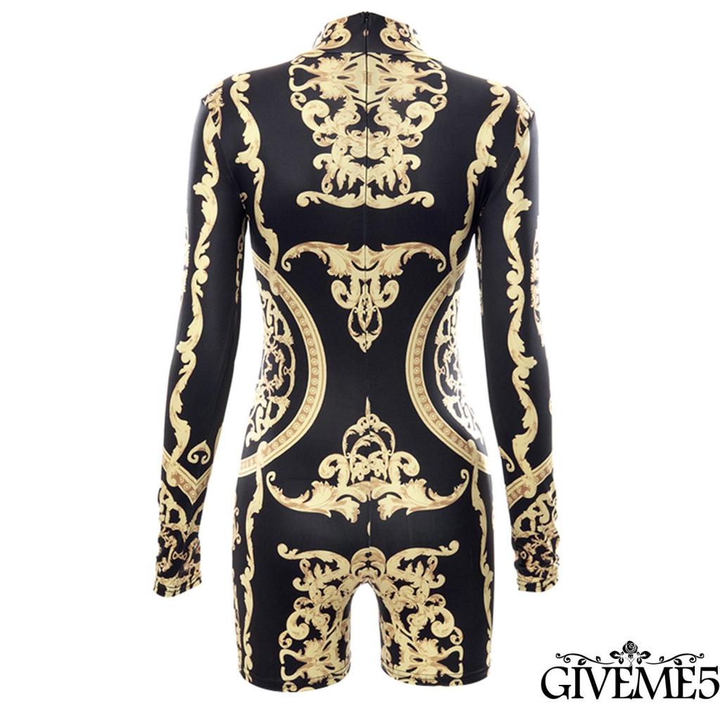 Jumpsuit tay dài cổ cao in họa tiết quyến rũ thời trang dành cho nữ