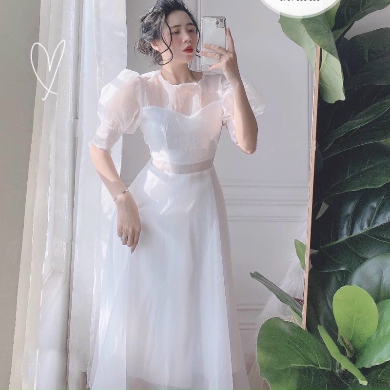Đầm váy trắng xoè tay bo