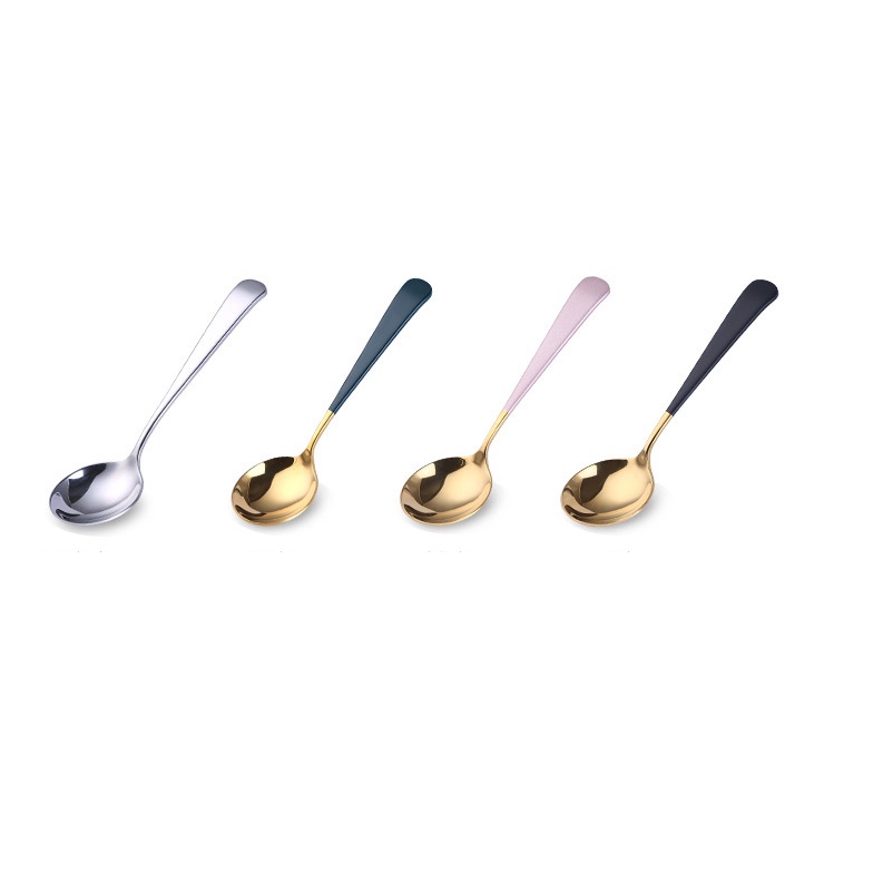 Vá nhỏ muỗng múc canh nước súp inox 304 mạ vàng sáng bóng cán sơn đen nhám chống trượt phong cách vintage dài 19cm