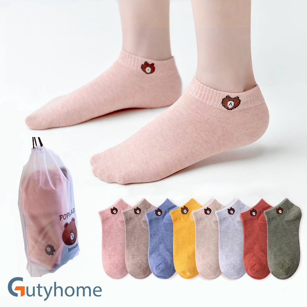 Bộ 10 đôi tất, vớ cổ ngắn hình gấu brown dễ thương (Có túi cute) - Gutyhome