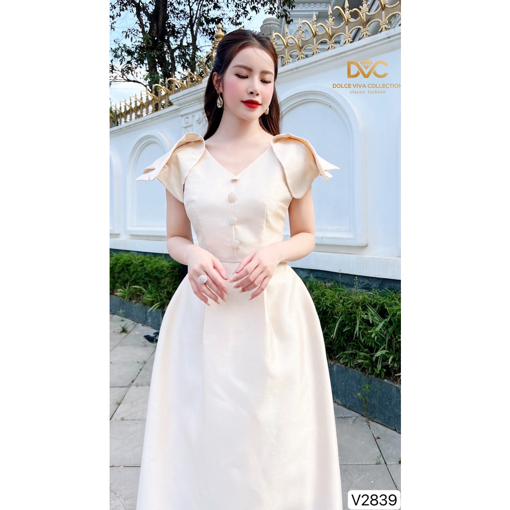Váy tafta nhũ be cổ v đính cúc V2839- DOLCE VIVA COLLECTION