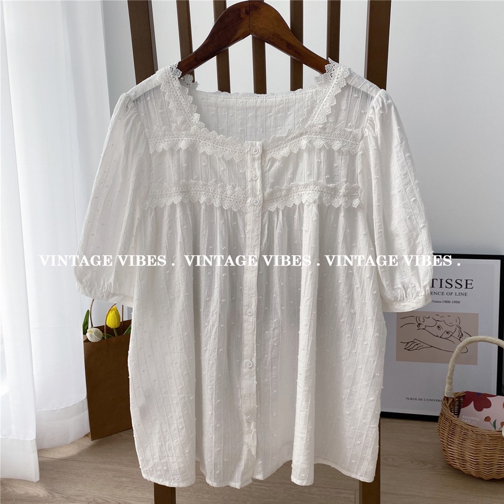Áo babydoll vải thêu cổ vuông phối ren tiểu thư (hàng QC) - Ảnh thật