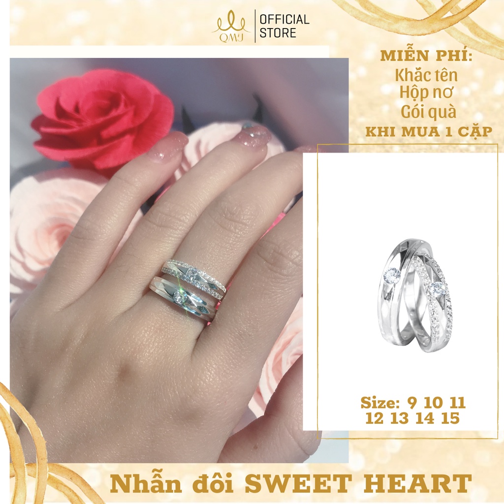 QMJ Nhẫn cặp đôi bạc 925 Sweet Heart đính đá CZ, khắc tên lazer miễn phí - Q568