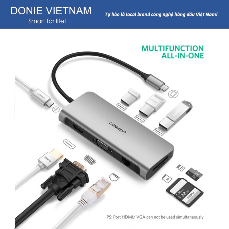 Hub Chuyển Đổi Ugreen 9 in 1 USB Type C To HDMI, USB 3.0, Lan, SD, PD, USB-C Chính Hãng Ugreen 40873