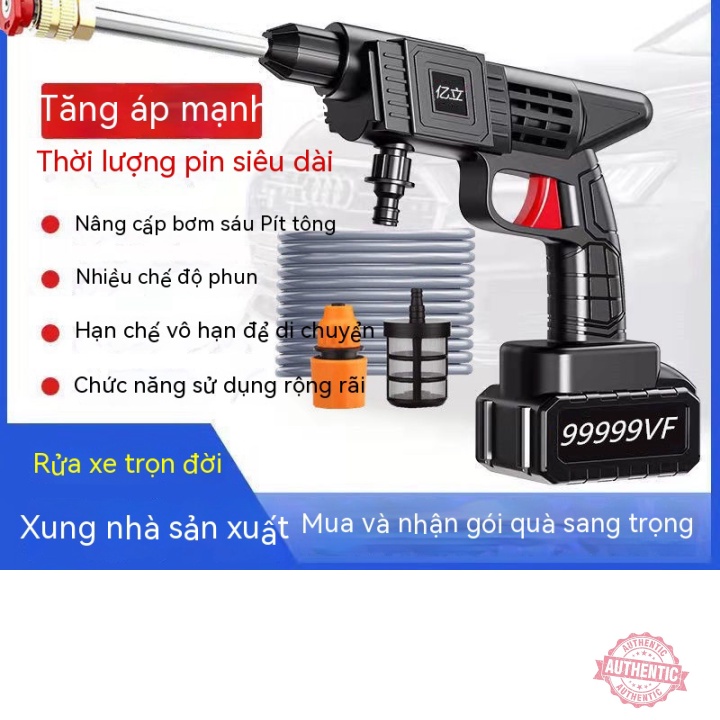 (Hỏa tốc) Máy Rửa Xe Mini Áp Lực Cao Chạy Pin 68VF Súng nước rửa Áp suất vô tuyến Dụng cụ giặt xe Pin liti