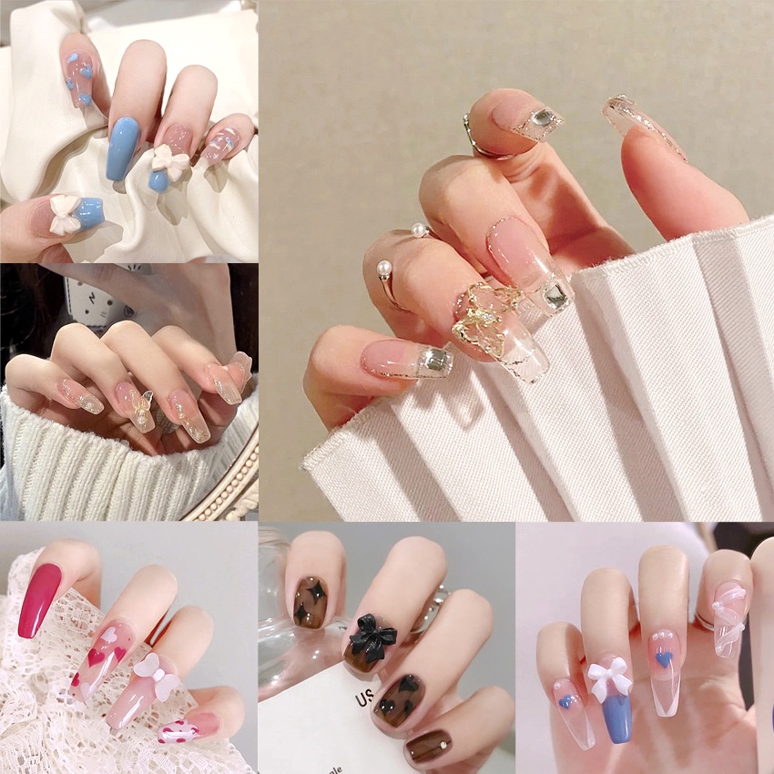 Bộ Móng Tay Giả Trong Suốt Đính Đá Pha Lê Hình Nơ Xinh Xắn